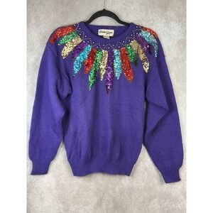 VTG 90s Christine Gerard Purple Sequin Feather Style Embellished Sweater Women M